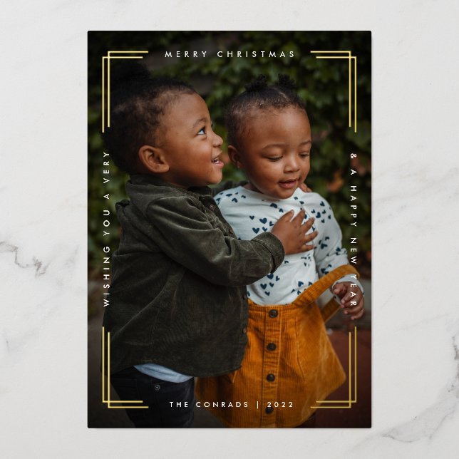 Modern Minimal Type Photo Christmas Foil Holiday Card (Front)