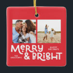 Modern minimal typography 2  photo Christmas  Ceramic Ornament<br><div class="desc">All may not be calm but all can still be bright with this fun modern colourful Christmas card. With space for 2 square photographs,  available in a selection of colours.</div>