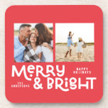 Modern minimal typography 2  photo Christmas   Coaster<br><div class="desc">All may not be calm but all can still be bright with this fun modern colourful Christmas design. With space for 2 square photographs,  available in a selection of colours.</div>