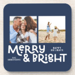 Modern minimal typography 2  photo Christmas    Coaster<br><div class="desc">All may not be calm but all can still be bright with this fun modern colourful Christmas design. With space for 2 square photographs,  available in a selection of colours.</div>
