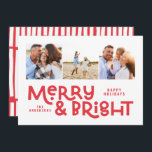 Modern minimal typography 3 photo Christmas fun Ho Holiday Card<br><div class="desc">All may not be calm but all can still be bright with this fun modern colourful Christmas card. With space for 3 square photographs,  available in a selection of colours.</div>