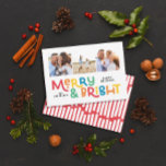 Modern minimal typography 3 photo Christmas fun Ho Holiday Card<br><div class="desc">All may not be calm but all can still be bright with this fun modern colourful Christmas card. With space for 3 square photographs,  available in a selection of colours.</div>