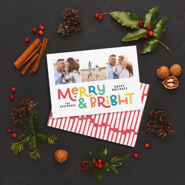 Modern minimal typography 3 photo Christmas fun Ho Holiday Card (Creator Uploaded)