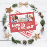 Modern minimal typography 3 photo Christmas fun Holiday Card<br><div class="desc">All may not be calm but all can still be bright with this fun modern colourful Christmas card. With space for 3 square photographs,  available in a selection of colours.</div>