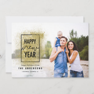 Modern minimal typography gold glitter new years holiday card