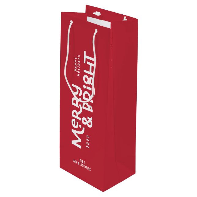 Modern minimal typography merry and bright wine gi wine gift bag (Front Angled)