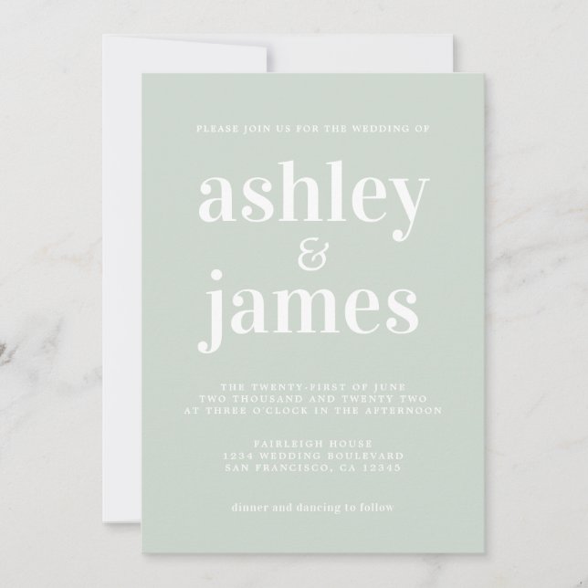 Modern Minimal Typography Pastel Green Wedding Invitation (Front)