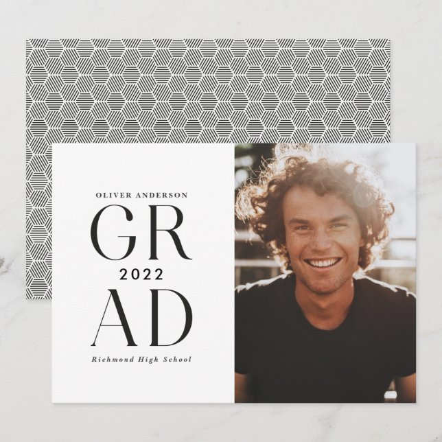 Modern minimal typography photo graduation black invitation (Front/Back)