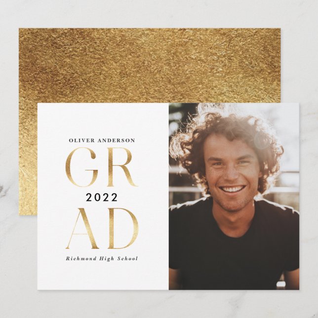 Modern minimal typography photo graduation gold invitation (Front/Back)