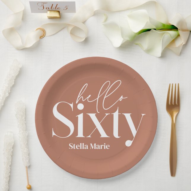 Modern minimal typography terracotta 60th birthday paper plate (Wedding)