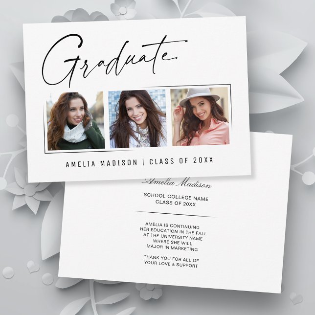 Modern Minimal Unique Ink Script Graduate 3 Photo Announcement (Creator Uploaded)