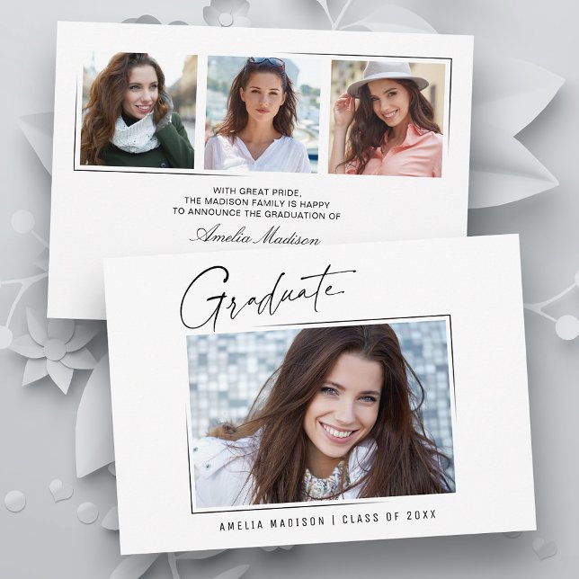 Modern Minimal Unique Ink Script Graduate 4 Photo Announcement (Creator Uploaded)