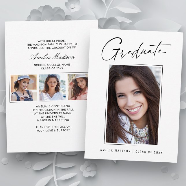 Modern Minimal Unique Ink Script Graduate 4 Photo Announcement (Creator Uploaded)