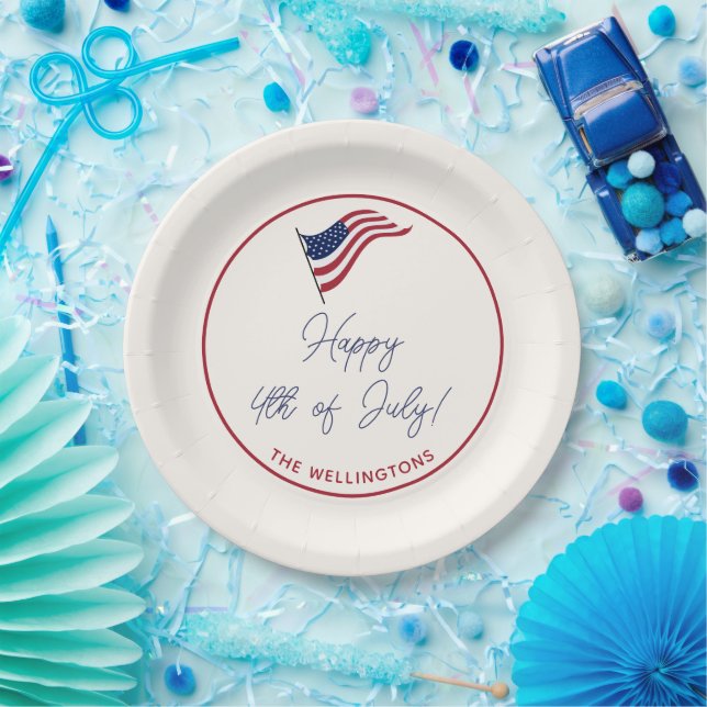 Modern Minimal US Flag 4th of July Party Name Paper Plate (Party)