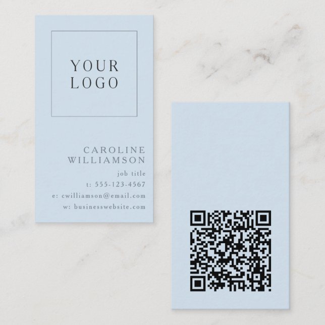 Modern Minimal Vertical Logo QR Code Soft Blue Business Card (Front/Back)