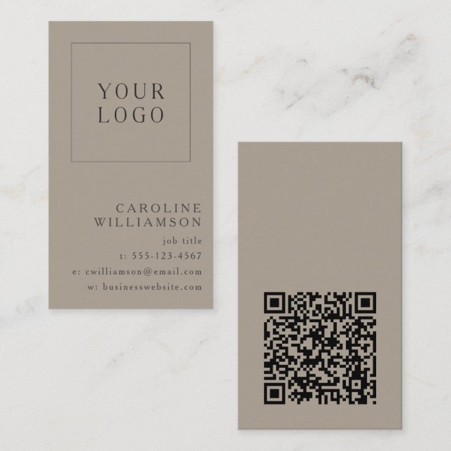 Modern Minimal Vertical Logo QR Code Taupe Brown Business Card (Front/Back)