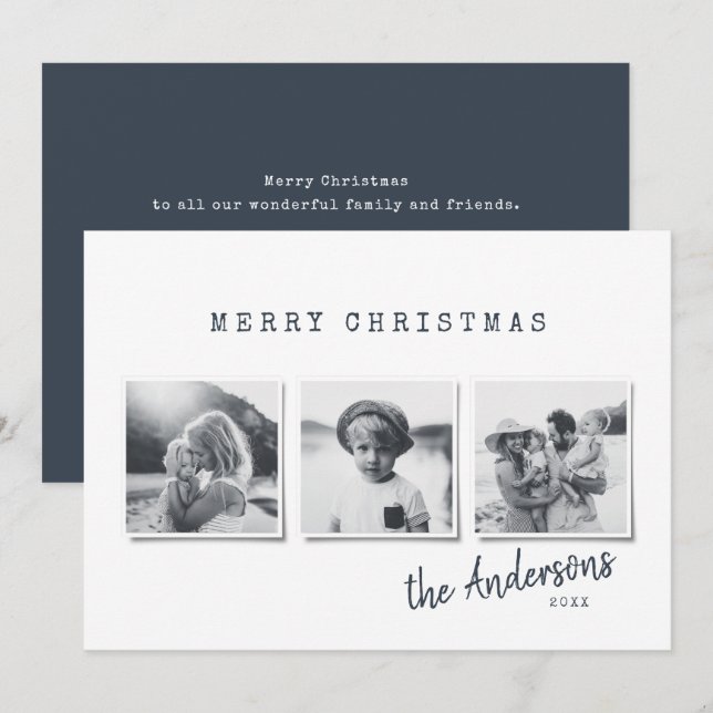 Modern minimal vintage Christmas 3 photo Holiday Card (Front/Back)