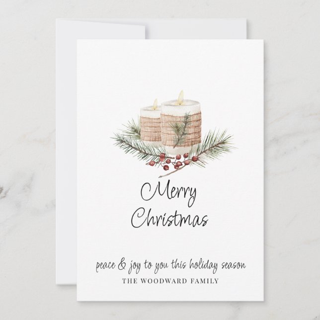 Modern Minimal Watercolor Christmas Candles & Pine Card (Front)