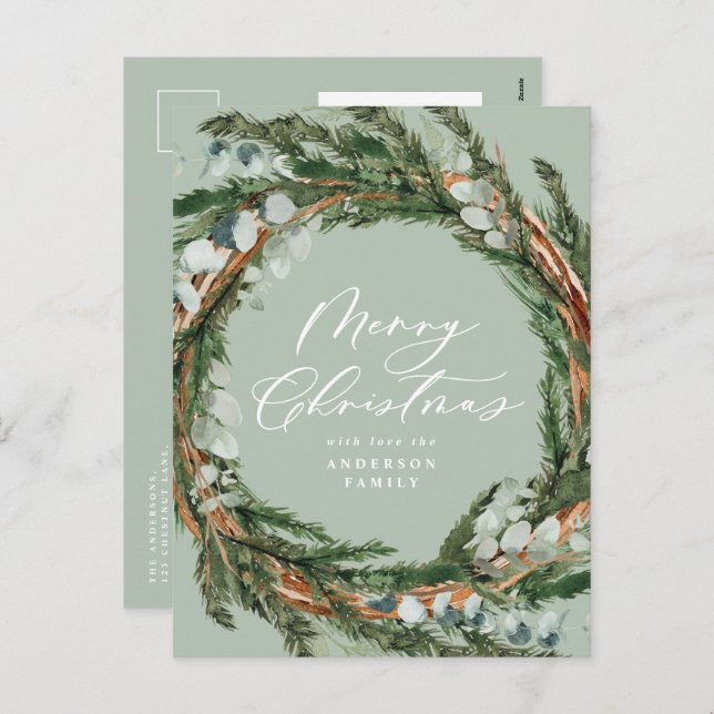Modern minimal watercolor foliage sage Christmas Holiday Postcard (Front/Back)