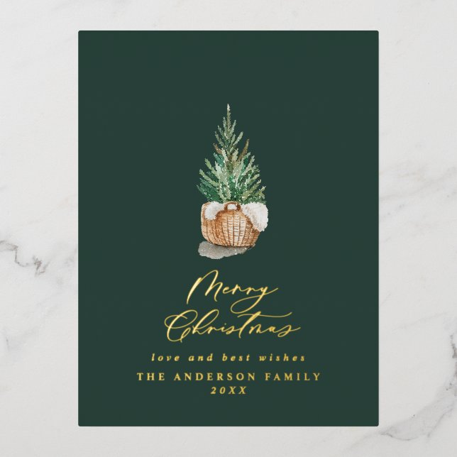 Modern minimal watercolor green Christmas tree Foil Holiday Postcard (Front)