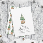 Modern minimal watercolor merry Christmas tree Holiday Card<br><div class="desc">Modern minimal foliage pine tree merry christmas script holiday Christmas card. Hand painted eucalyptus,  minimal foliage and modern rustic rattan wreath give this holiday card a luxurious feel. In classy greens,  browns and greys.</div>