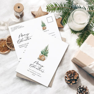 Modern minimal watercolor merry Christmas tree Holiday Postcard