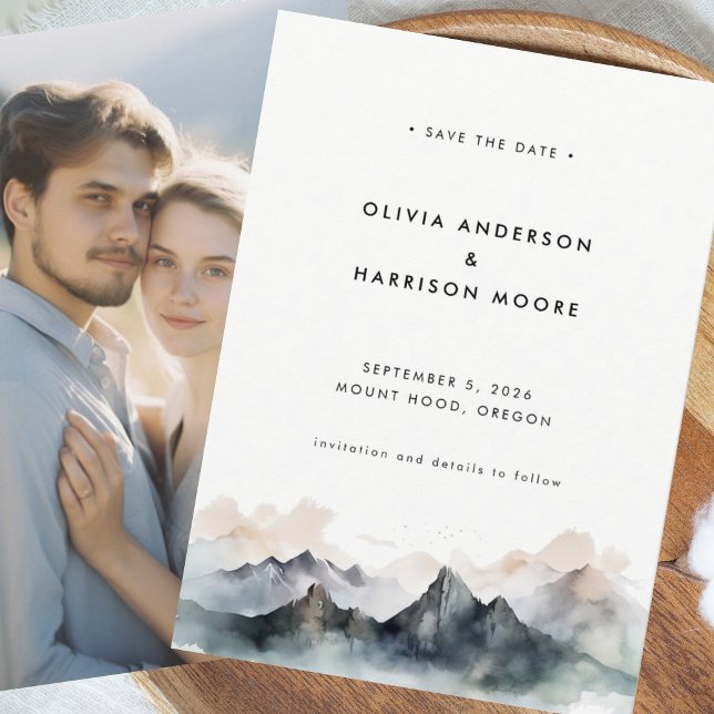 Modern Minimal Watercolor Mountain Wedding  Save The Date (Creator Uploaded)