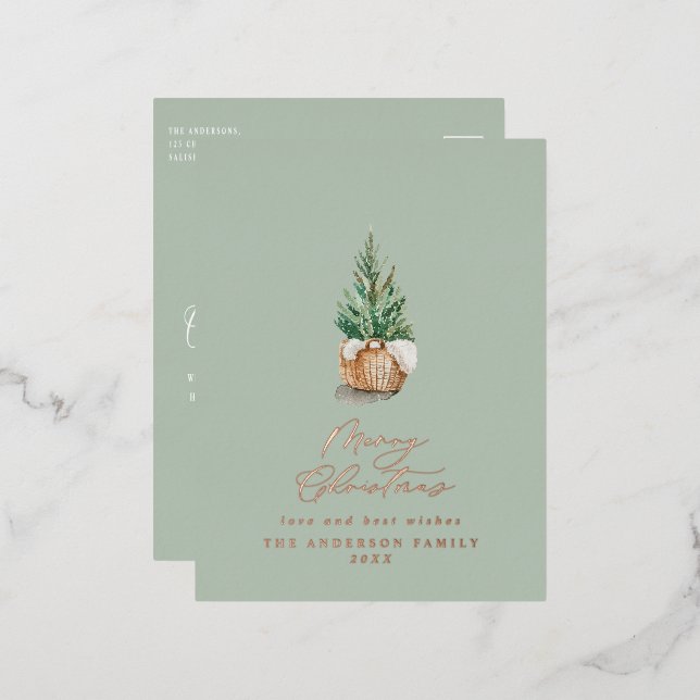 Modern minimal watercolor sage green Christmas Foil Holiday Postcard (Front/Back)