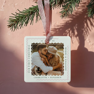 Modern Minimal Wavy First Christmas Engaged Photo Ceramic Ornament