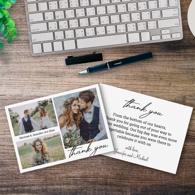modern minimal wedding 3 photos collage thank you card (Creator Uploaded)