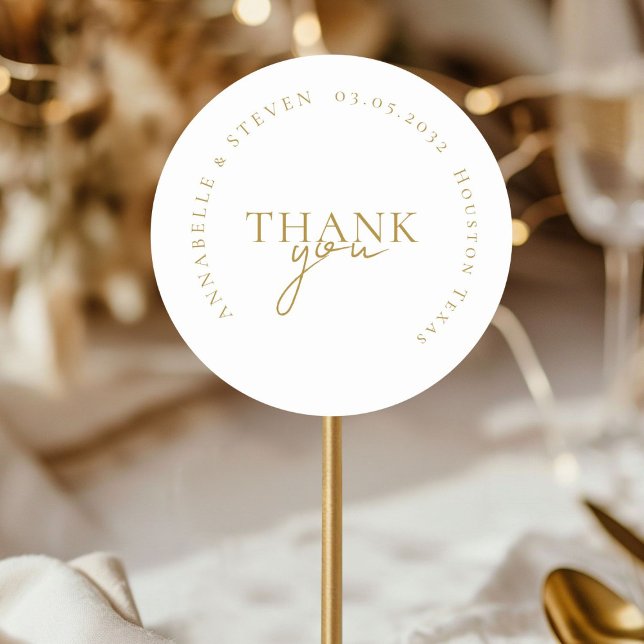 Modern, Minimal, Wedding Classic Round Sticker (THANK YOU! Modern, Minimal, Wedding Classic Round Sticker with your name and date)