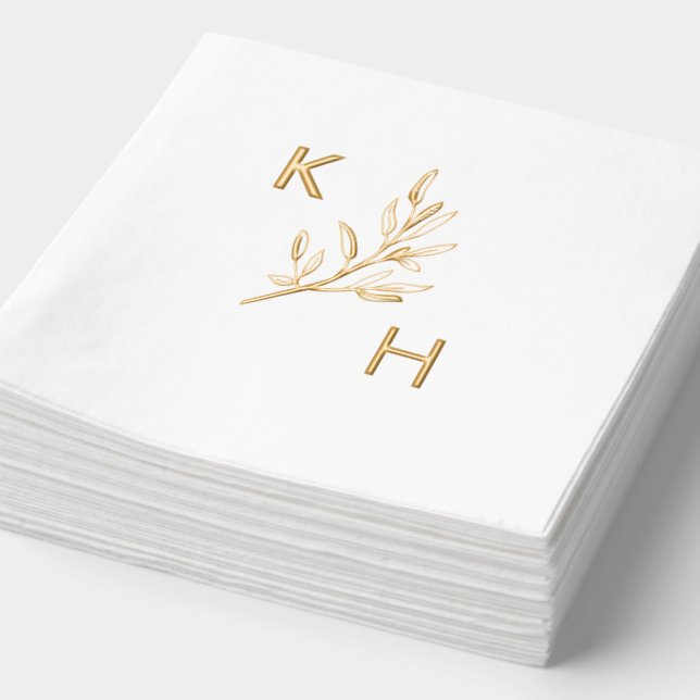 Modern Minimal Wedding Monogram Greenery Leaves Foil Napkins (Detail)