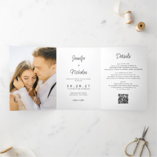 Modern Minimal Wedding RSVP Details QR Code Photo Tri-Fold Invitation