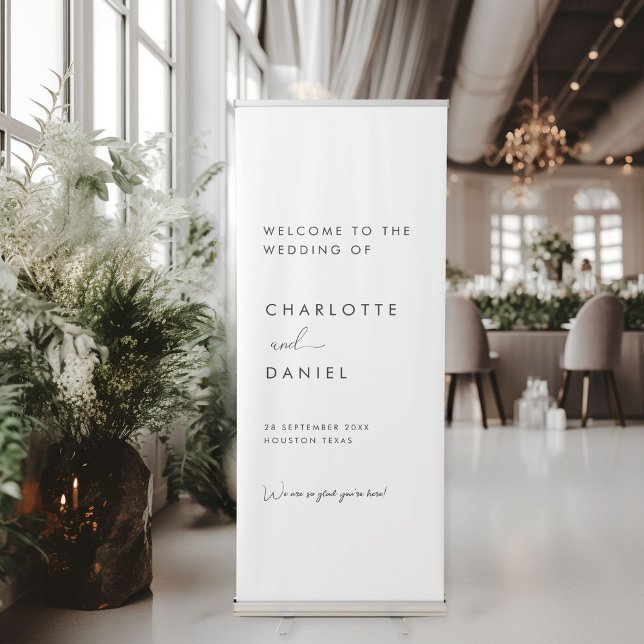 Modern, Minimal Wedding, White Retractable Banner (Modern, Minimal, Elegant Wedding, White Retractable Banner with your names, date & quote.)