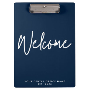 Modern Minimal Welcome Script Dental Office Blue Clipboard