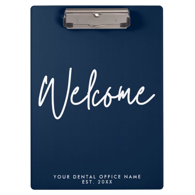 Modern Minimal Welcome Script Dental Office Blue Clipboard (Front)