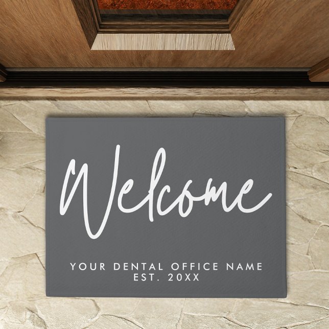 Modern Minimal Welcome Script Dental Office Grey Doormat (Creator Uploaded)
