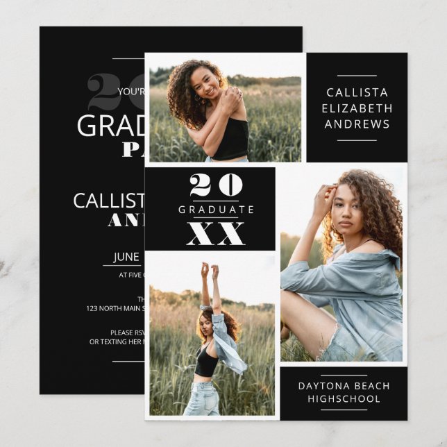 Modern Minimal White Black Photo Grid Graduation Invitation (Front/Back)