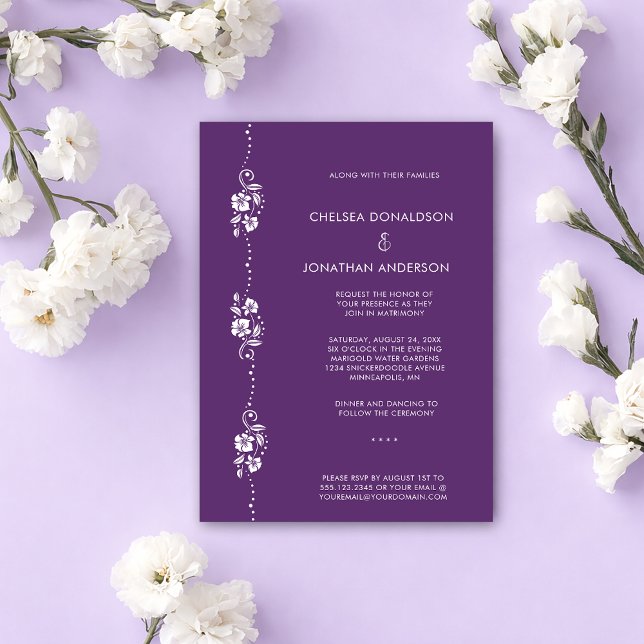 Modern Minimal White Floral Dark Purple Wedding Announcement (Creator Uploaded)