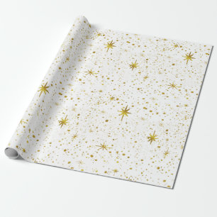 Modern & Minimal White / Gold Cosmic Star Pattern Wrapping Paper