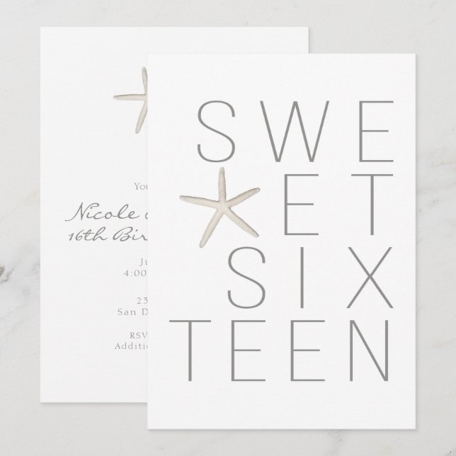 Modern Minimal White Grey Beach Sweet 16 Party Invitation (Front/Back)