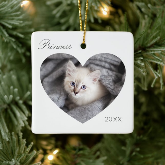 Modern Minimal White Heart Frame Cat Photo Ceramic Ornament (Tree)