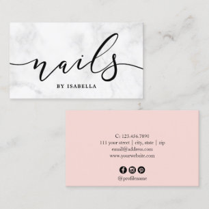 Modern minimal white marble & blush pink nails business card