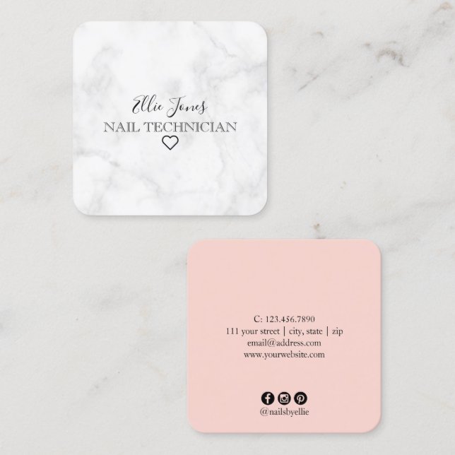 Modern minimal white marble & blush pink nails square business card (Front/Back)