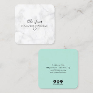 Modern minimal white marble & mint green nails square business card