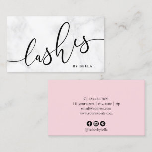 Modern minimal white marble & pink lashes business card