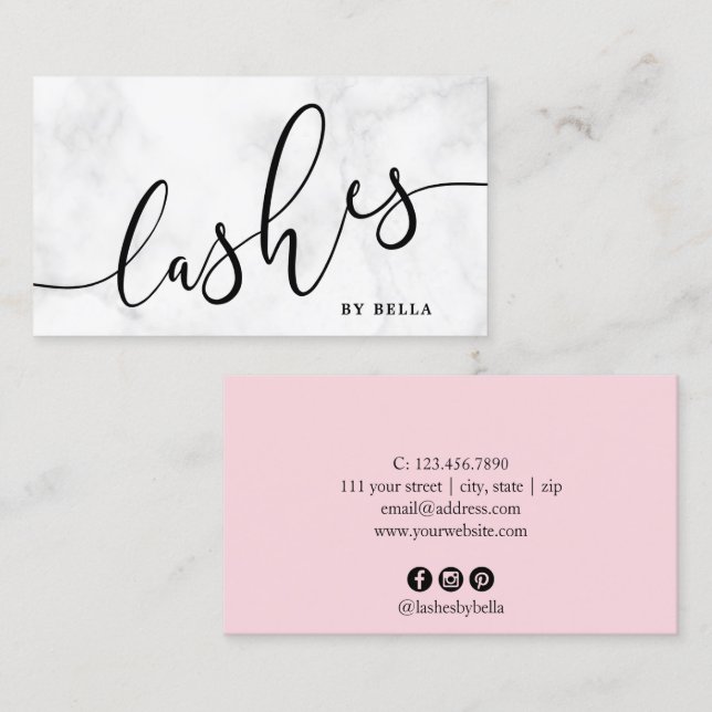 Modern minimal white marble & pink lashes business card (Front/Back)