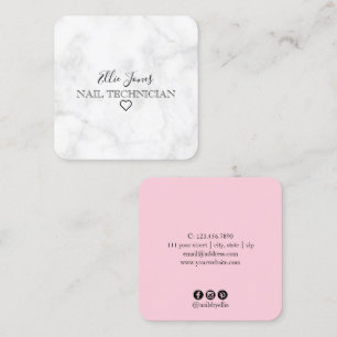Modern minimal white marble & pink nails square business card