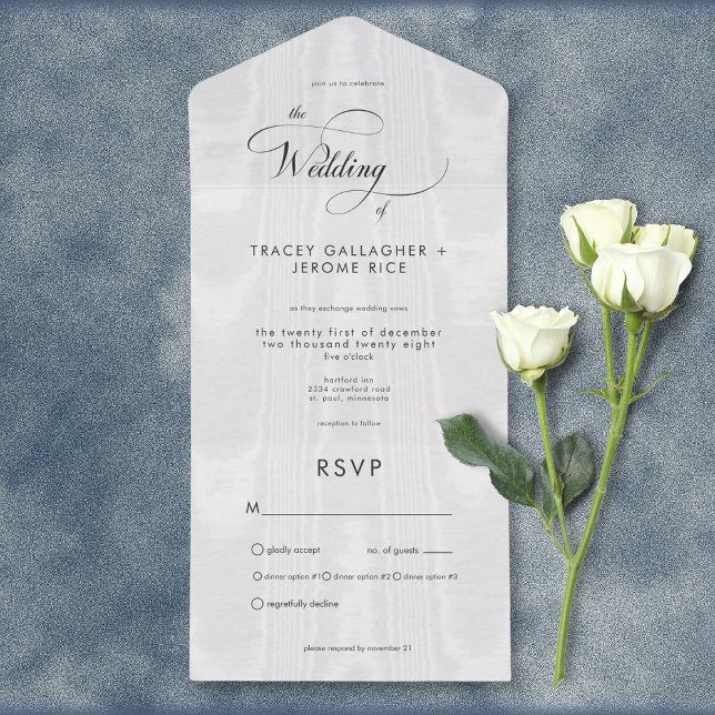 Modern Minimal White Satin Taffeta Dinner All In One Invitation (Modern Minimal White Satin Taffeta All In One Wedding Invitation with Dinner Options)