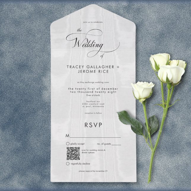 Modern Minimal White Satin Taffeta QR Code All In One Invitation (Modern Minimal White Satin Taffeta All In One Wedding Invitation with QR Code)